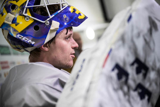 Goaltender Lars Johansson of Sweden at a practice session