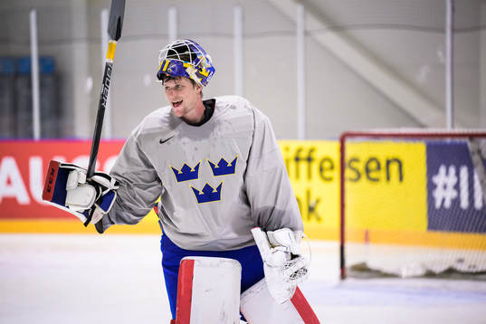 Goaltender Lars Johansson of Sweden at a practice session