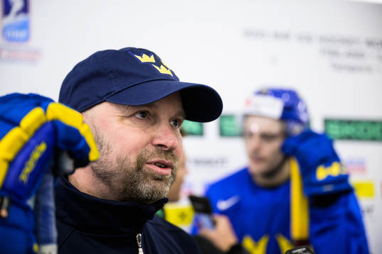 Goaltender coach Stefan Ladhe of Sweden at a practice
