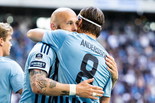 Djurgårdens Magnus Eriksson och Elias Andersson jublar