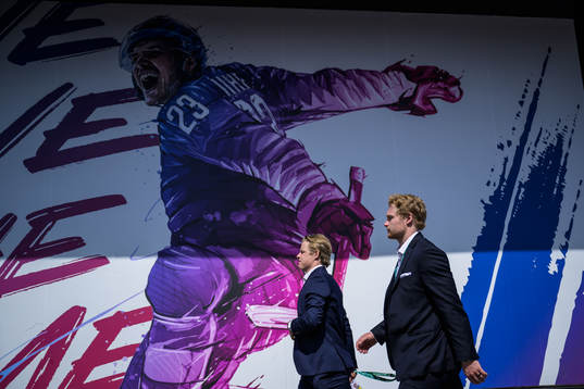 Jonatan Berggren and Carl Grundström of Sweden arrive to