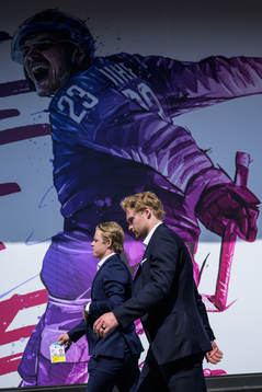 Jonatan Berggren and Carl Grundström of Sweden arrive to