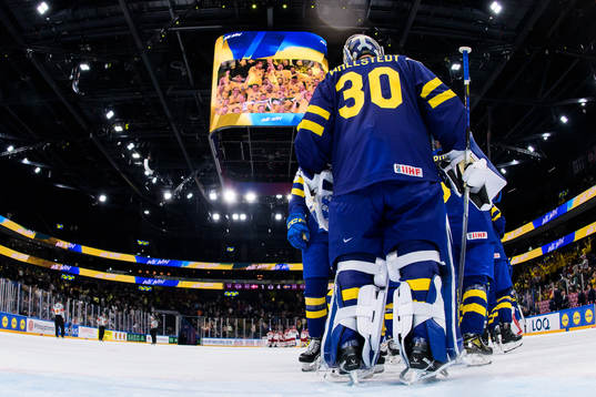 Goaltender Jesper Wallstedt of Sweden celebrates with