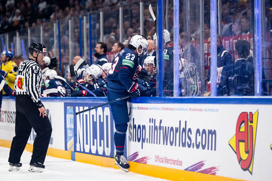 Michael Eyssimont of USA leaves the ice
