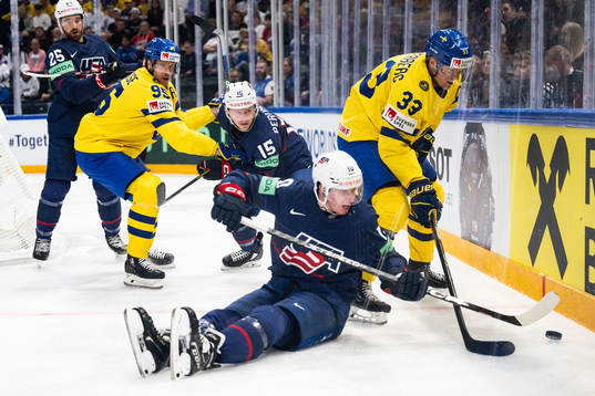 Nick Perbix, Scott Perunovich and Drew O'Connor of USA