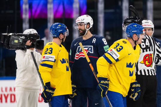 Lucas Raymond of Sweden and Alex Tuch of USA