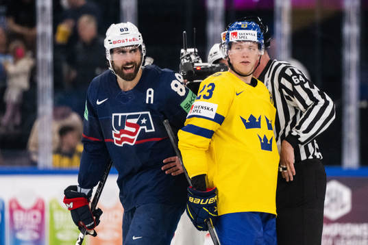 Alex Tuch of USA and Lucas Raymond of Sweden