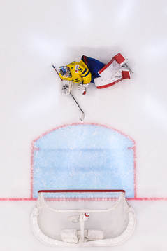 Goaltender Lars Johansson of Sweden looks dejected