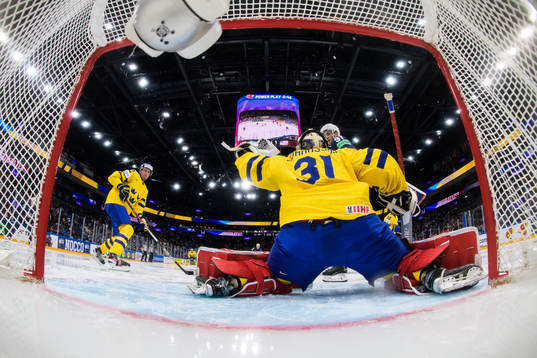 Goaltender Lars Johansson of Sweden makes a save