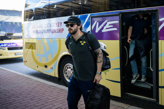 Timothy Liljegren of Sweden leaves a bus when traveling