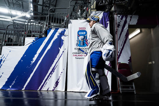 goaltender Jesper Wallstedt of Sweden at a practice session