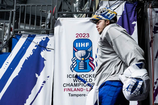 goaltender Jesper Wallstedt of Sweden at a practice session