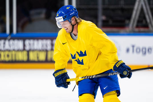 Rasmus Sandin of Sweden in pain at a practice session