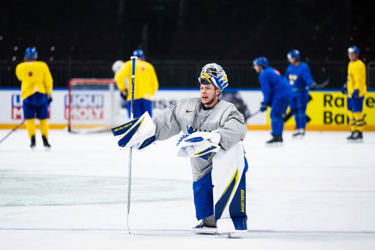 goaltender Jesper Wallstedt of Sweden at a practice session