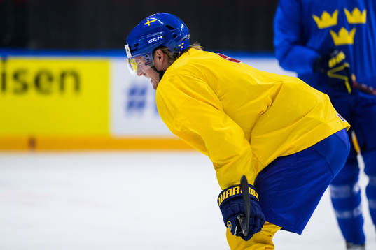 Rasmus Sandin of Sweden in pain at a practice session