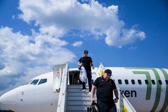 Rasmus Sandin of Sweden walks off an airplane when