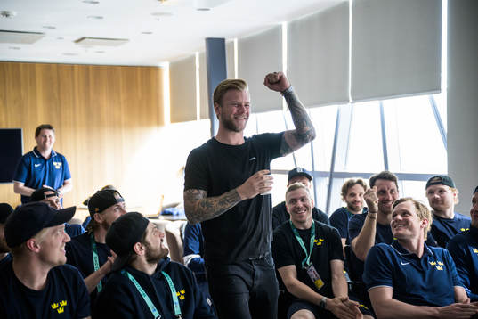 Christian Folin of Sweden cheers when meeting his teammates