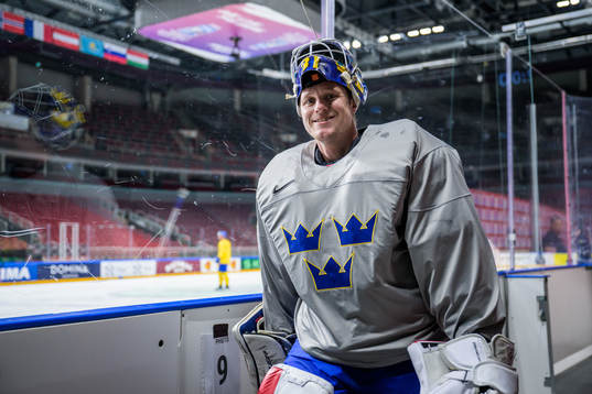 Goaltender Lars Johansson of Sweden at a practice session