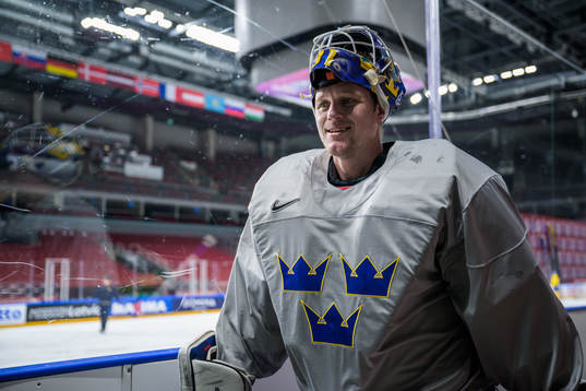 Goaltender Lars Johansson of Sweden at a practice session