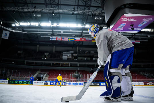 Goaltender Jesper Wallstedt of Sweden at a practice session