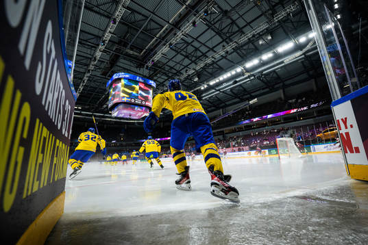 Jonatan Berggren of Sweden enters the ice for warm-up