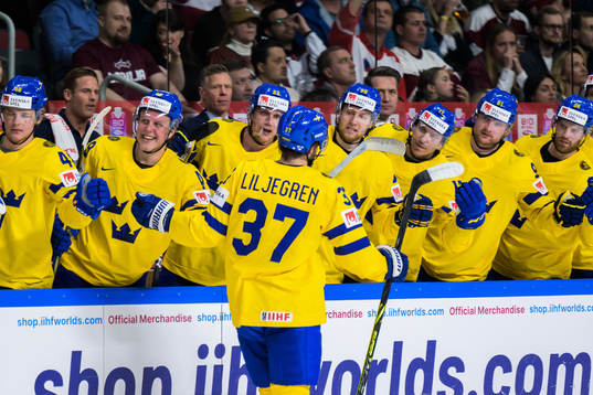 Timothy Liljegren of Sweden celebrates with team mates