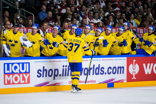 Timothy Liljegren of Sweden celebrates with team mates