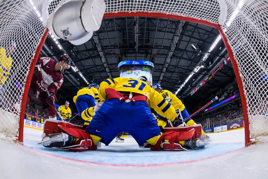 Goaltender Lars Johansson of Sweden lets in the 0-1 goal by