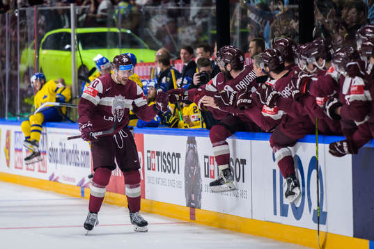 Miks Indrasis of Latvia celebrates scoring 1-2