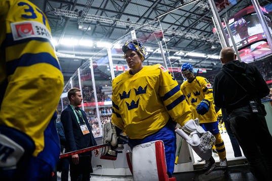 goaltender Lars Johansson of Sweden looks dejected
