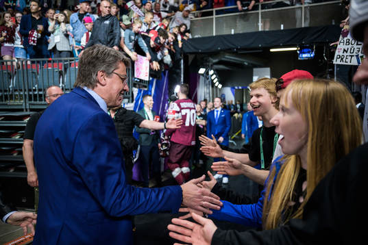Head coach Harijs Vitolins of Latvia celebrates
