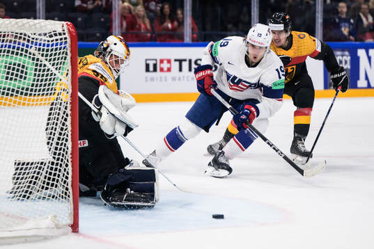 Goaltender Mathias Niederberger and Leon Gawanke of Germany