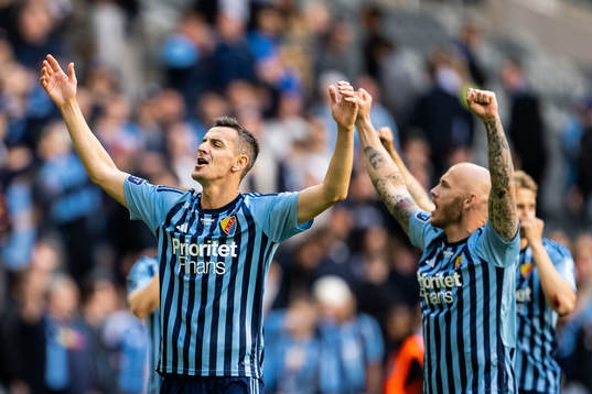 Djurgårdens Haris Radetinac och Magnus Eriksson jublar