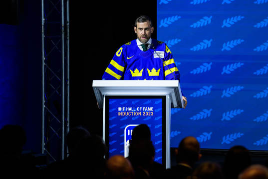 Former ice hockey player Henrik Zetterberg of Sweden holds