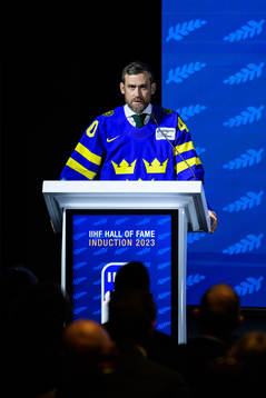 Former ice hockey player Henrik Zetterberg of Sweden holds