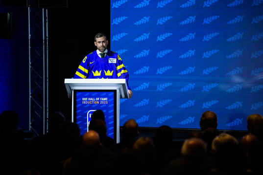 Former ice hockey player Henrik Zetterberg of Sweden holds