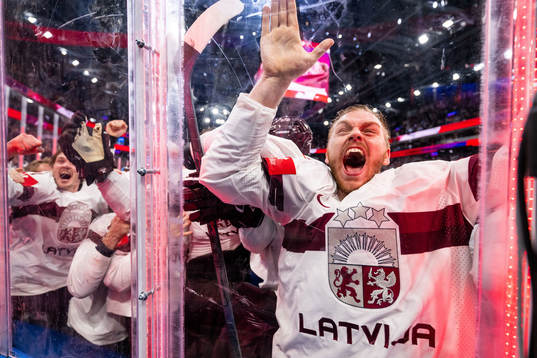 Karlis Cukste of Latvia celebrates