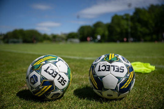 Två fotbollar på en gräsplan