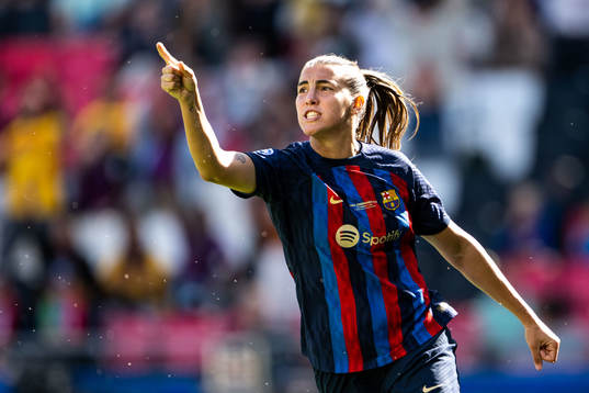 Patri Guijarro of Barcelona celebrates scoring 1-2