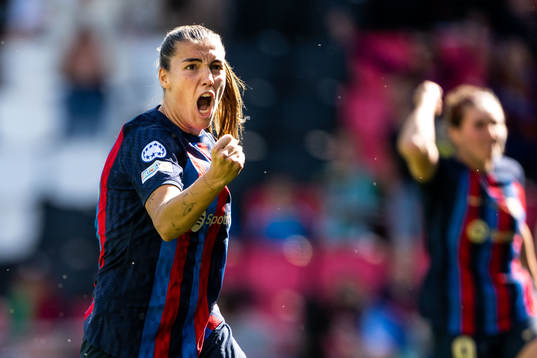 Patri Guijarro of Barcelona celebrates scoring 1-2