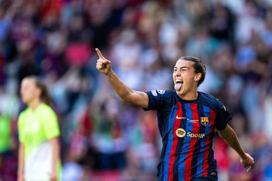 Patri Guijarro of Barcelona celebrates scoring 2-2