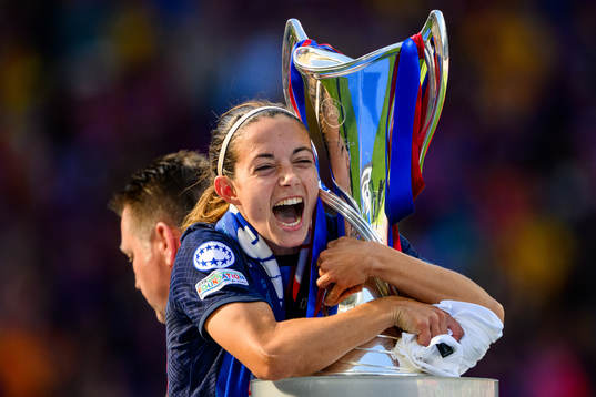 Aitana Bonmati of Barcelona hugs the trophy