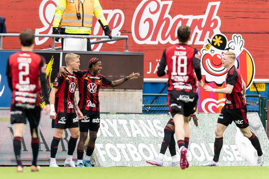 Östersunds Andre Österholm och Chovanie Amatkarijo jublar