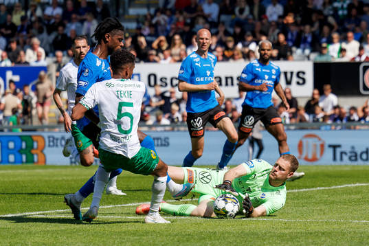 Hammarbys Tesfaldet Tekie och Halmstads målvakt Malkolm