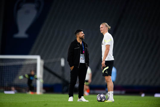 Sergio Agüero and Erling Braut Haaland of Manchester City