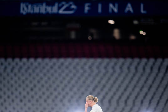 Erling Braut Haaland of Manchester City looks dejected at a