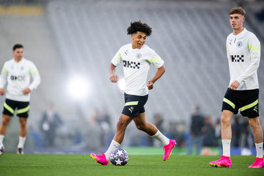 Rico Lewis of Manchester City at a training session