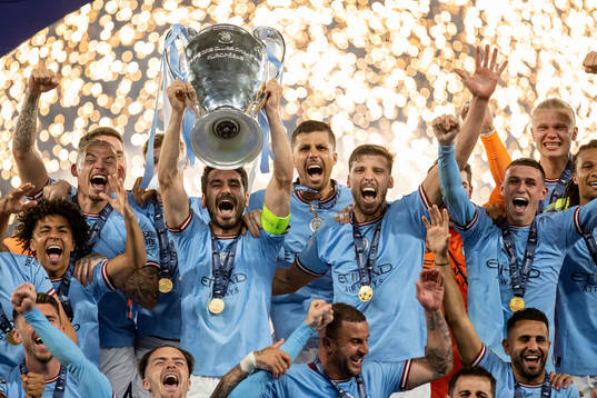 Ilkay Gundogan of Manchester City lifts the trophy