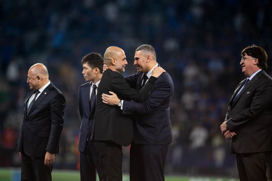 Head coach Pep Guardiola and Chairman Khaldoon Al Mubarak