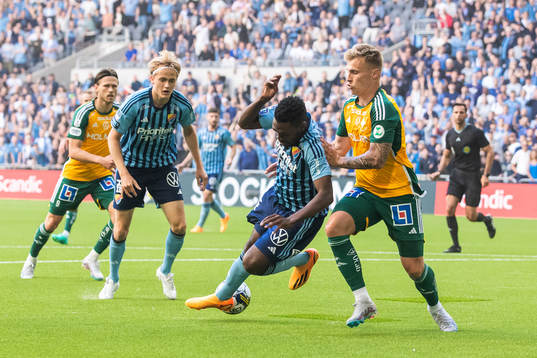 Djurgårdens Joel Asoro och IFK Norrköpings Marco Lund